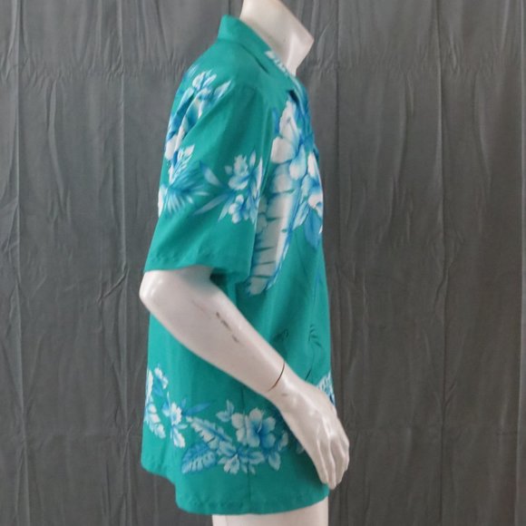 Vintage Hawaiian Shirt - Large Floral Pattern on Teal Base - Men's Large - Picture 7 of 8